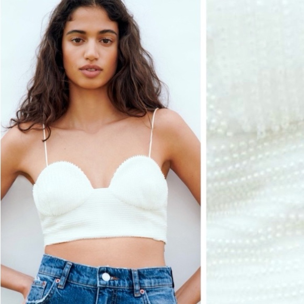 Zara / Oyster White Beaded Crop Top - Picture 2 of 10